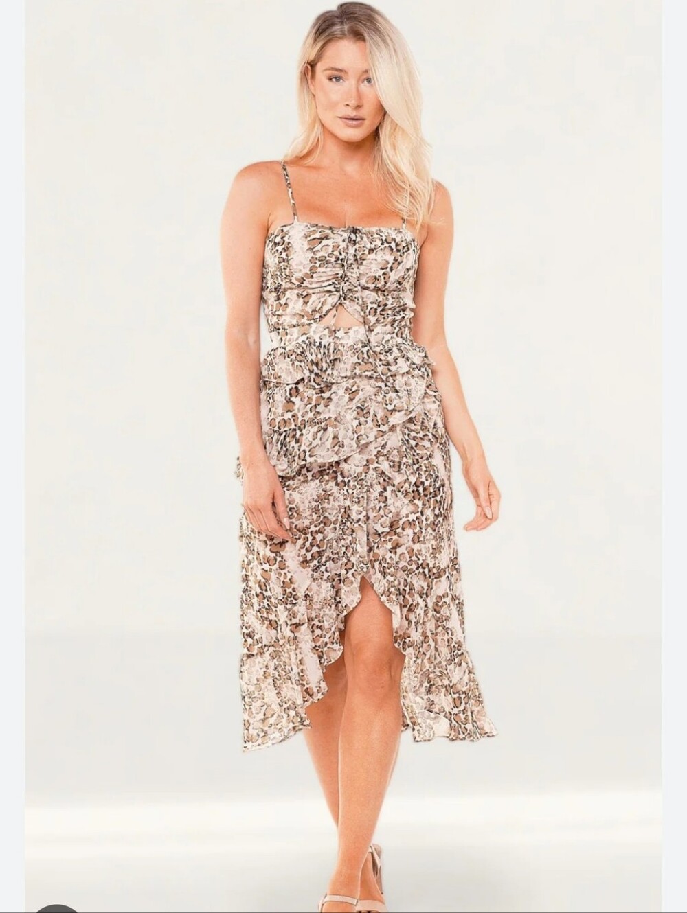 Bardot Nude Leopard Brianna Dress, Cut Out Ruffle Sz 8/ Medium